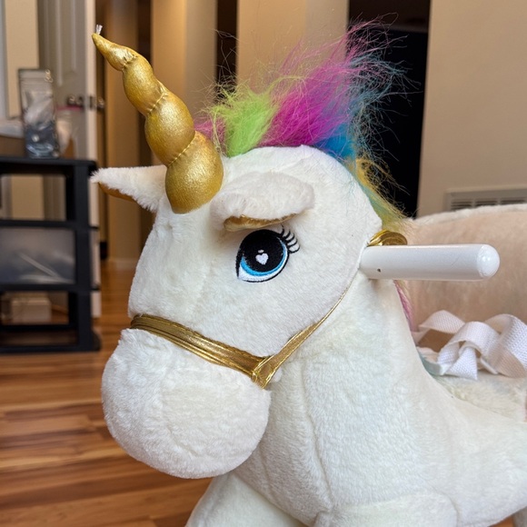 Plush Unicorn Rocker with Gold Accents and adorable sounds!  Safety seating! - Picture 3 of 5